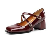 Mary Janes Shoes Block Heel Women's Pumps with Buckle Ankle Strap Square Toe Heels for Party Wedding Office Burgundy 3.5 UK
