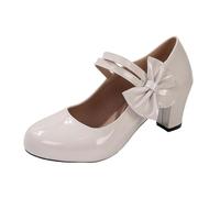 Mary Janes Women's 6cm Heel Round Toe with Bow Tie Patent Leather British Style Loafers Loafers Women's Comfortable Breathable for Oktoberfest Walk Autumn, beige, 8 UK