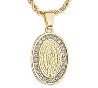 Mary La Virgen De Guadalupe Micro Pendant Iced-Out Gold Tone Necklace 24" Rope Chain