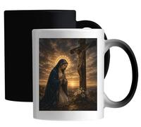 Mary Praying by the Crucifixion Sunset Ceramic Magic Mug White