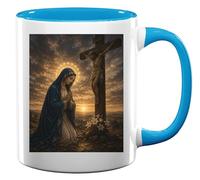 Mary Praying by the Crucifixion Sunset Ceramic Tea Coffee Mug Light Blue