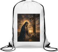 Mary Praying by the Crucifixion Sunset Gym Sack Casual Drawstring Bag White