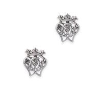 Mary Queen of Scots Sterling Silver Twin Heart Stud Earrings - Scottish Royalty Love Heart Design with Thistle, Rose & Fleur-de-Lis - 925 Silver Stud Earrings for Women