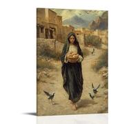 Mary Walks Barefoot through A Desert Village, Carrying Bread And Water to The Weary with Angels Hovering Beside Her. Contemporary Wall Mural - Decorative Hanging Poster Art 12x18inch(30x45cm)