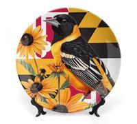 Maryland State Flag Baltimore Oriole Bird Susan Flower Ceramic Decorative Plates for Display Ornaments with Stand for Kitchen Home Decor 8inch