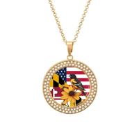Maryland Susan Flower Baltimore Oriole Bird Flag Necklace For Women Charm Circle Pendant with Crystals Dainty Jewelry
