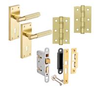 Marylebone Knurled Lever Lock Door Pack - Brushed Brass - Handle/hinges/sashlock - Designer Levers