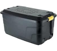 MaryMo Strata Heavy Duty Large Storage Box with Lid, 110L, Lockable, Indoor/Outdoor, Wheeled, Black with Yellow Handles