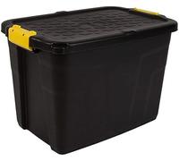 MaryMo Strata Heavy Duty Large Storage Box with Lid, 60L, Lockable, Indoor/Outdoor, Clip Lock, Black with Yellow Handles