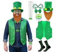Maryparty St. Patricks Day Accessories Costume Set Irish Goblin Hat Vest Fake Beard Socks Accessories for St. Patrick's Day Party (Style-2, XL)