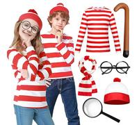 Maryparty Wally Costume Set Long Sleeve Red & White Stripe Top + Red & White Bobble Hat + Black Nerd Glasses Fancy Dress Costume Set for World Book Day (Kids, M)