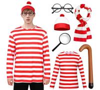 Maryparty Wally Costume Set Long Sleeve Red & White Stripe Top + Red & White Bobble Hat + Black Nerd Glasses Fancy Dress Costume Set for World Book Day (Men, XXL)