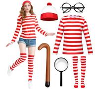 Maryparty Wally Costume Set Long Sleeve Red & White Stripe Top + Red & White Bobble Hat + Black Nerd Glasses Fancy Dress Costume Set for World Book Day (Women, S)