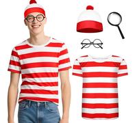 Maryparty Wally Costume Set Short Sleeve Red & White Stripe Top + Red & White Bobble Hat + Black Nerd Glasses Fancy Dress Costume Set for World Book Day (Men, XXL)