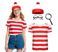 Maryparty Wally Costume Set Short Sleeve Red & White Stripe Top + Red & White Bobble Hat + Black Nerd Glasses Fancy Dress Costume Set for World Book Day (Kids, S)