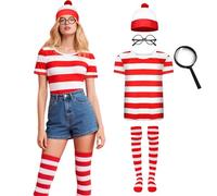 Maryparty Wally Costume Set Short Sleeve Red & White Stripe Top + Red & White Bobble Hat + Black Nerd Glasses Fancy Dress Costume Set for World Book Day (Women, M)