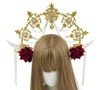 Marys Halos Crowns Star Goddesses Tiaras, Golden wings red ros | Crystal Pearl Headpiece for Wedding Party, Golden Tiaras and Halos Crowns for Women Cosplay Halloween Costume