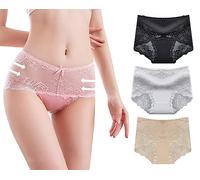 marysgift Ladies Underwear 3 Pack Cotton Mid Rise Full Coverage Lace Hipster Brief Panty Seamless Knicker (AP1,L UK 8 10)