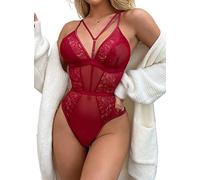 marysgift Lingerie Bodysuit Lace Nightwear Underwear Top One Piece Babydoll Halter Body Suit for Women Red 2XL UK 16 18 (D2403)