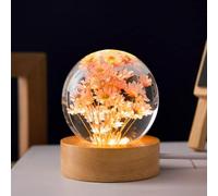 MARZIUS Flower Crystal Ball Night Light,6cm Glass Ball Night Lamp with Wooden Base (Red Daisy)