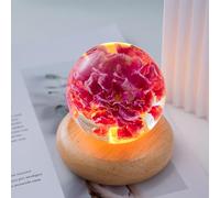MARZIUS Flower Crystal Ball Night Light, 7cm Glass Ball Night Lamp with Wooden Base Decorations Gifts for Men Women Kids Boys Girls Teens (Red Carnation)