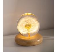 MARZIUSReal Dandelion Crystal Ball Night Light, Preserved Botanical Resin Sphere with Warm LED Wooden Base, Floral Bedside Lamp, Elegant Home Decor, Eternal Flower Gift for Women, Mum, Her (Dandelion)
