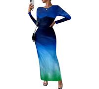 MARZXIN Women's Long Sleeve Maxi Bodycon Dress - Ruched Natural Slim Fit Tie Dye Cocktail Mesh Dress, B-dyeing Blue, XL