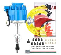 MAS HEI Ignition Distributor 65K Volt & Spark Plug Wire & Free Pigtail Wiring Harness Replacement for SBF Ford Small Block 260 289 302 1030213 PE330U（Blue Racing Kit