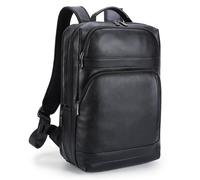 Masa Kawa Black Leather Laptop Backpack for Men Fits 16” 15.6” Computer, Vintage Business Travel Work Large Daypack Camping Weekender Bag