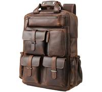 Masa Kawa Leather 15.6 Inch Laptop College Backpack for Men Work, Brown, M, Travel Multi Pockets