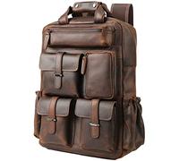 Masa Kawa Leather Backpack for Men Vintage 15.6 Inch Laptop Bag Multi Pockets Rucksack Casual Travel Daypack, Brown, 15.6", Travel Multi Pockets