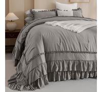 Masaca Grey Oversized King Comforter Set 128x120,Shabby Boho Chic Ruffle Bedding Comforter Extra Large King Size,French Country Rustic Farmhouse Bedding 3PCS (1 Ruffled Comforter+2 Pillow Shams)