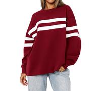 MASCOMODA Women's 2025 Striped Oversized Sweatshirt Fall Crewneck Long Sleeve Shirts Casual Color Block Pullover Tops, Wine Red, M
