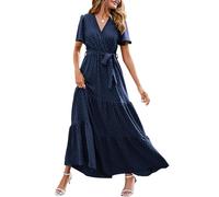 MASCOMODA Womens Boho Swiss Dot Maxi Dresses Wrap V Neck Flutter Short Sleeve Solid Tie Belt A Line Tiered Flowy Long Dress, S-navy, XXL