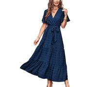 MASCOMODA Womens Boho Swiss Dot Maxi Dresses Wrap V Neck Flutter Short Sleeve Solid Tie Belt A Line Tiered Flowy Long Dress, Navy, S
