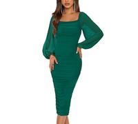 MASCOMODA Womens Sexy Long Sleeve Bodycon Dress Square Neck Ruched Midi Dress Mesh Club Party Sun Dress, Green, L