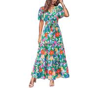 MASCOMODA Womens Summer Swiss Dot Maxi Dressses Wrap V Neck Flutter Short Sleeve Boho Casual Flowy Long Wedding Guest Dress, F-green Orange, L