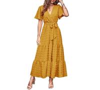 MASCOMODA Womens Summer Swiss Dot Maxi Dressses Wrap V Neck Flutter Short Sleeve Boho Casual Flowy Long Wedding Guest Dress, Turmeric, S
