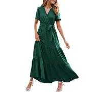 MASCOMODA Womens Summer Swiss Dot Maxi Dressses Wrap V Neck Flutter Short Sleeve Boho Casual Flowy Long Wedding Guest Dress, S-dark Green, XXL