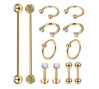 Masedy 12Pcs Stainless Steel Industrial Barbell Cartilage Piercing Earrings for Women Men Hoop Helix Tragus Labret Piercing, Metal, n / a