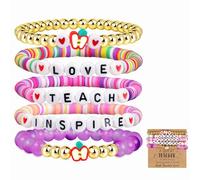 Masedy 5PCS Teacher Appreciation Bracelets for Women Stackable Beaded Stretch Bracelet Colorful Love Teach Inspire Elastic Heishi Clay Bracelets Thank You Teacher Back to School Jewelry Gift, Clay