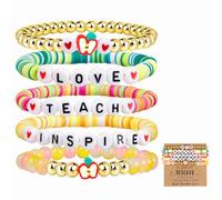 Masedy 5PCS Teacher Appreciation Bracelets for Women Stackable Beaded Stretch Bracelet Colorful Love Teach Inspire Elastic Heishi Clay Bracelets Thank You Teacher Back to School Jewelry Gift, Clay