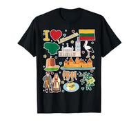 MASH MOSH Women's Lithuania Map & Cultural Icons V-Neck T-Shirt, Black, Size S