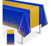 MASHAN 1Pcs Blue Gold Tablecloth Party Decorations,Plastic Royal Blue Table Cloth Printed Gold Table Runner Disposable Rectangle Cover for Birthday Anniversary Wedding Graduation Party,54 x108 Inch