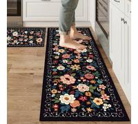 MASHDE Kitchen Rugs Sets of 2 PCS, Non Slip Washable Kitchen Mats for Floor, Low Pile Soft Boho Floral Rug Runner for Home Decor (Black, 17.3"x46"+17.3"x29")