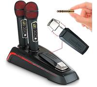 MASINGO 2 Wireless Karaoke Microphones, Integrated Bluetooth Receiver - Connects Mics and Smartphone to Any Speaker with AUX/Mic Input - Includes Singer Vocal Removal Mode + Charging Base - A12