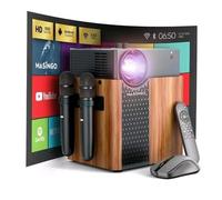 MASINGO 4-in-1 Portable Karaoke Machine with Smart 1080p Projector w/WiFi, Speaker & 2 Wireless Microphones. Built-in Android System for Lyrics Display Apps, Netflix, YouTube.