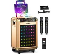 MASINGO Karaoke Machine for Adults and Kids with 2 Bluetooth Wireless Microphones. Portable Singing PA Speaker System with Disco Ball Party Lights, Lyrics Display Tablet Holder & TV Cable. Soprano X1