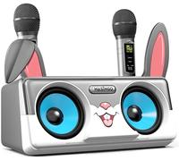 MASINGO Rabbit Karaoke Machine for Kids, Children and Toddlers with 2 Wireless Bluetooth Microphones, Portable PA Speaker Includes Lyrics Display Phone Holder, TV Cable and Singer Vocal Removal Mode