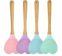 MASINIES 4pcs Heart Shape Silicon Wooden Spoon Cooking Serving Mixing Spoon Spatula Salad Spoons Kitchen Utensil
